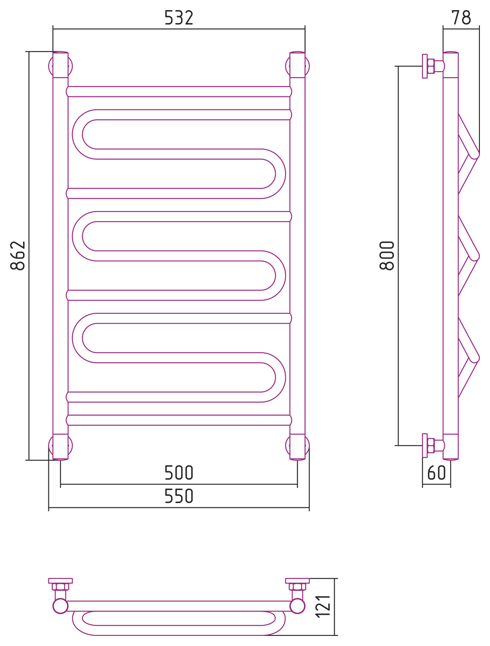 Полотенцесушитель водяной Сунержа Элегия+ 800x500