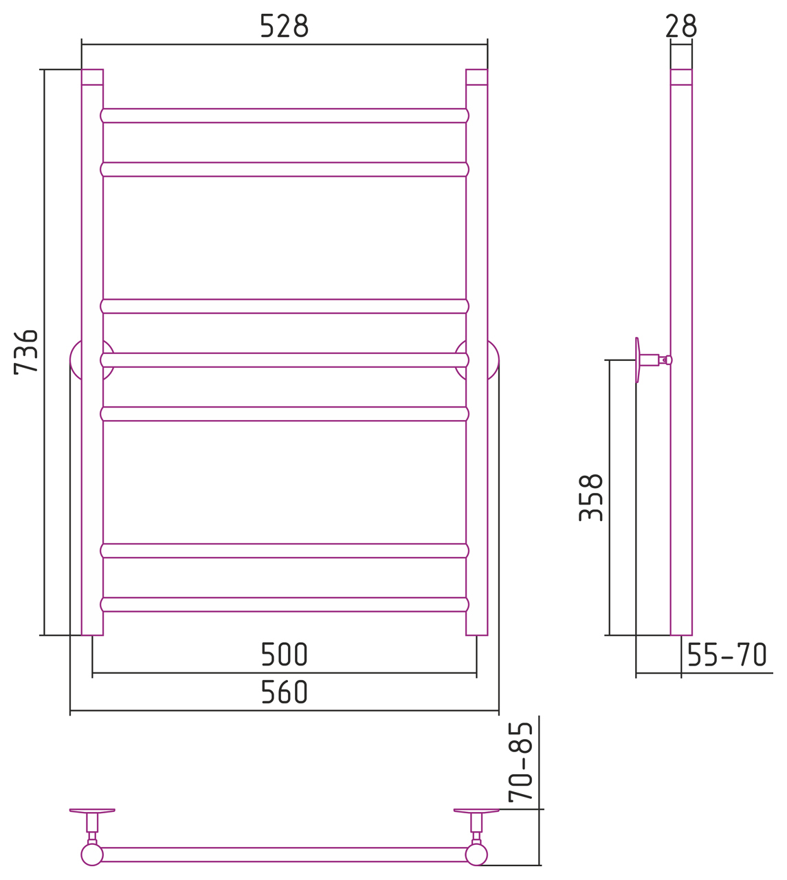 Полотенцесушитель водяной Стилье Универсал-55 800x500